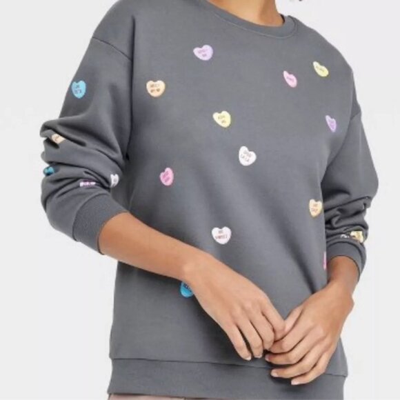 Sweethearts Candies Grey with Pastel Hearts Sweatshirt, Size L - Picture 1 of 4
